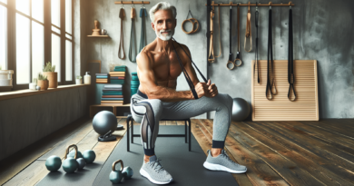Create an image of an older, fit man wearing stylish and functional fitness gear. He is in a well-equipped home gym with modern exercise equipment like resistance bands, kettlebells, and a yoga mat. H