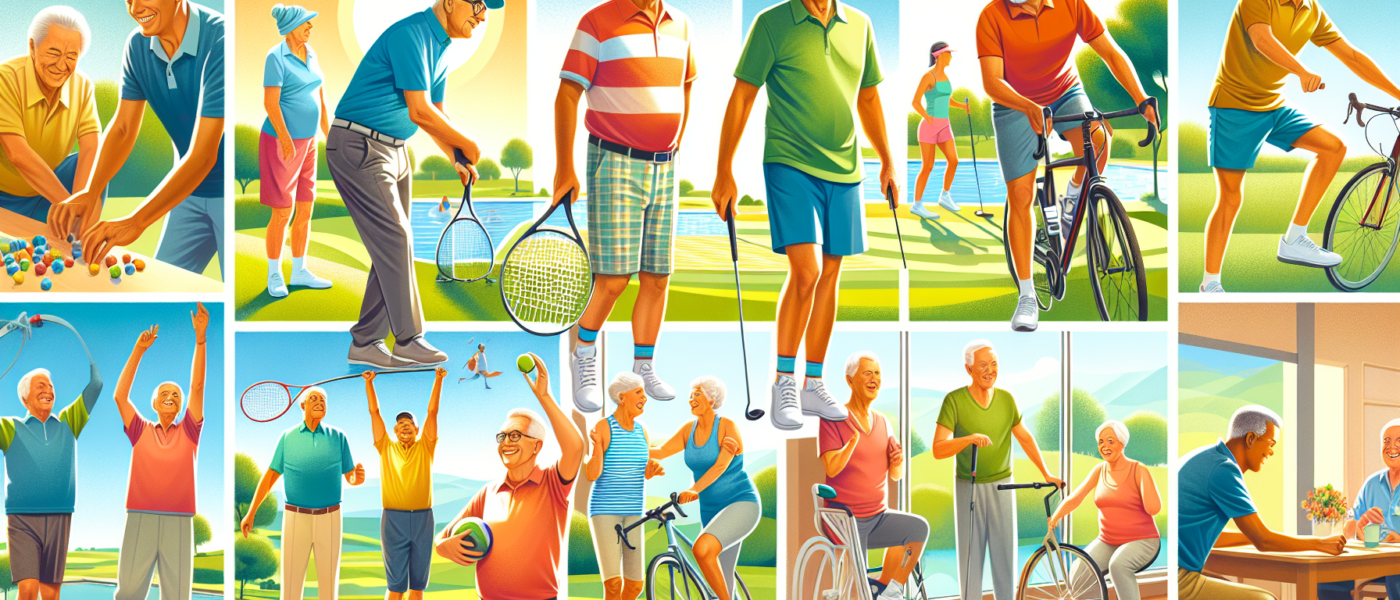 Create a vibrant illustration featuring older men engaging in various sports activities that are suitable for their age group. Highlight sports such as golf, swimming, tennis, yoga, and cycling set in