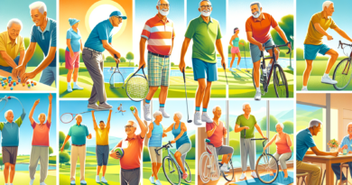 Create a vibrant illustration featuring older men engaging in various sports activities that are suitable for their age group. Highlight sports such as golf, swimming, tennis, yoga, and cycling set in