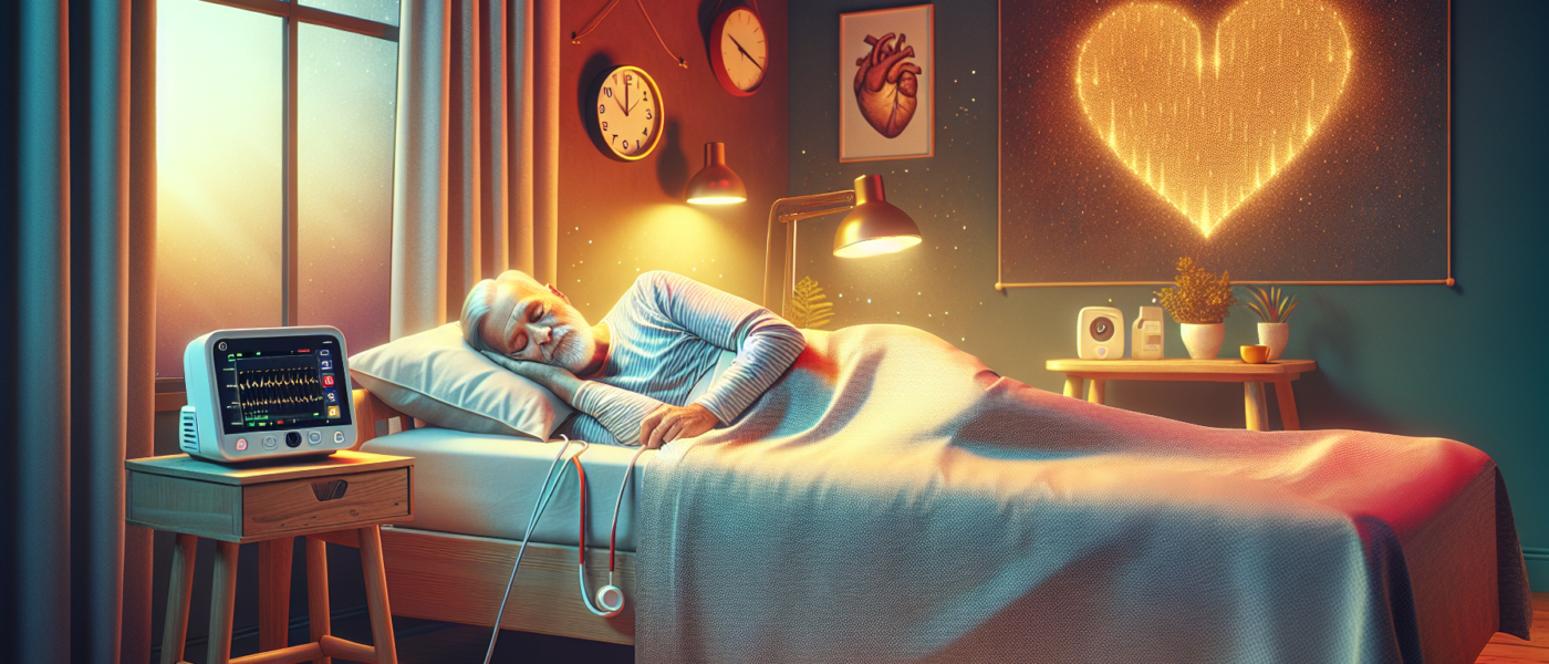 Create an image illustrating an older man peacefully asleep in a cozy bedroom. Include elements that suggest a connection to heart health, such as a heart-shaped clock on the wall and a heart monitor