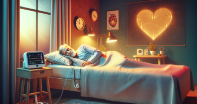 Create an image illustrating an older man peacefully asleep in a cozy bedroom. Include elements that suggest a connection to heart health, such as a heart-shaped clock on the wall and a heart monitor
