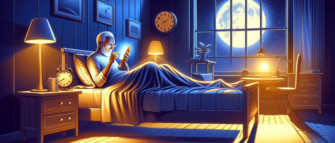 Digital illustration depicting a cozy bedroom scene at night with an older adult struggling to sleep. Soft, warm lighting emanates from a bedside lamp, contrasting with the harsh blue light coming fro