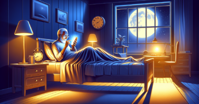 Digital illustration depicting a cozy bedroom scene at night with an older adult struggling to sleep. Soft, warm lighting emanates from a bedside lamp, contrasting with the harsh blue light coming fro