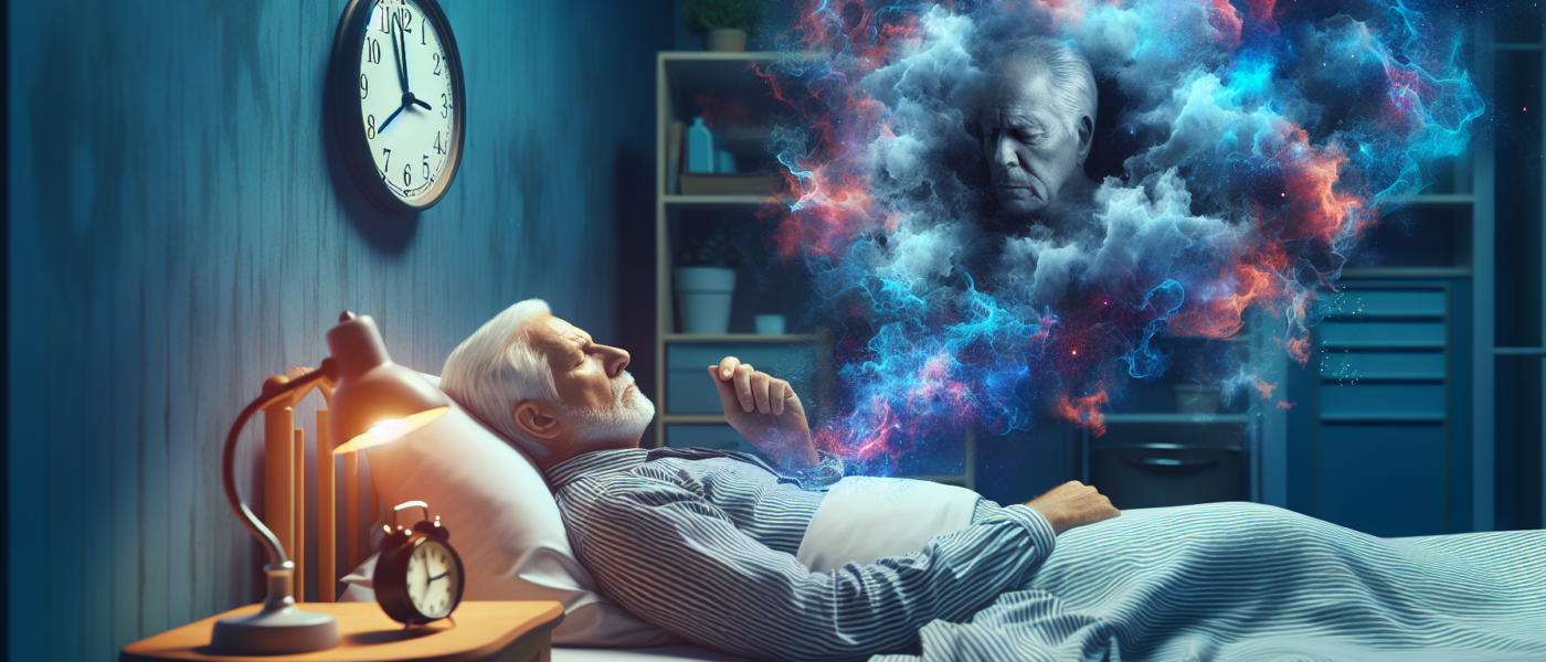 Create an image illustrating an elderly man lying in bed with a pained expression, struggling to sleep. The room is dimly lit, showing a clock indicating the late hours. Incorporate a dream-like haze