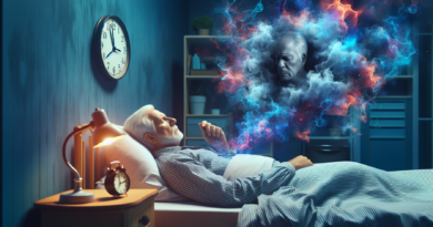 Create an image illustrating an elderly man lying in bed with a pained expression, struggling to sleep. The room is dimly lit, showing a clock indicating the late hours. Incorporate a dream-like haze