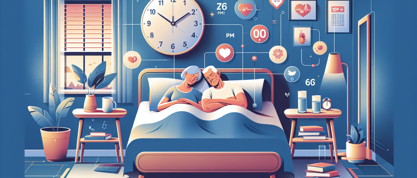 An elderly couple peacefully asleep in a cozy, well-lit bedroom with a large clock showing 10 PM, symbolizing their consistent sleep schedule. The room has calming colors, tidy bedside tables with boo