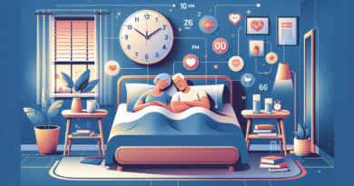An elderly couple peacefully asleep in a cozy, well-lit bedroom with a large clock showing 10 PM, symbolizing their consistent sleep schedule. The room has calming colors, tidy bedside tables with boo
