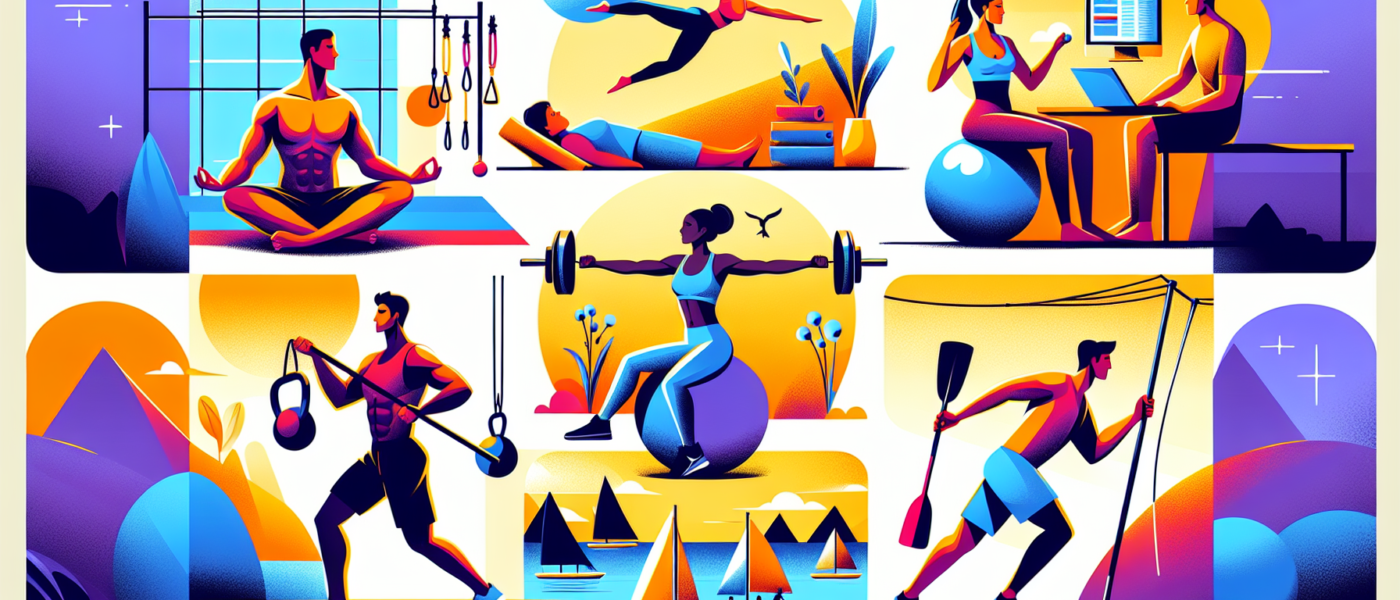 Create an image showing a diverse group of individuals engaged in a variety of activities that highlight the importance of core strength. Include scenes of people practicing yoga, doing Pilates, lifti