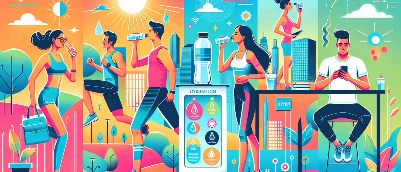 A vibrant illustration showing a diverse group of people engaging in various activities like jogging, doing yoga, and working at a desk, all with water bottles in hand. The background features a brigh