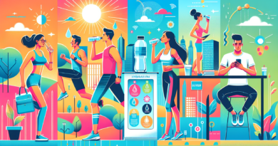 A vibrant illustration showing a diverse group of people engaging in various activities like jogging, doing yoga, and working at a desk, all with water bottles in hand. The background features a brigh