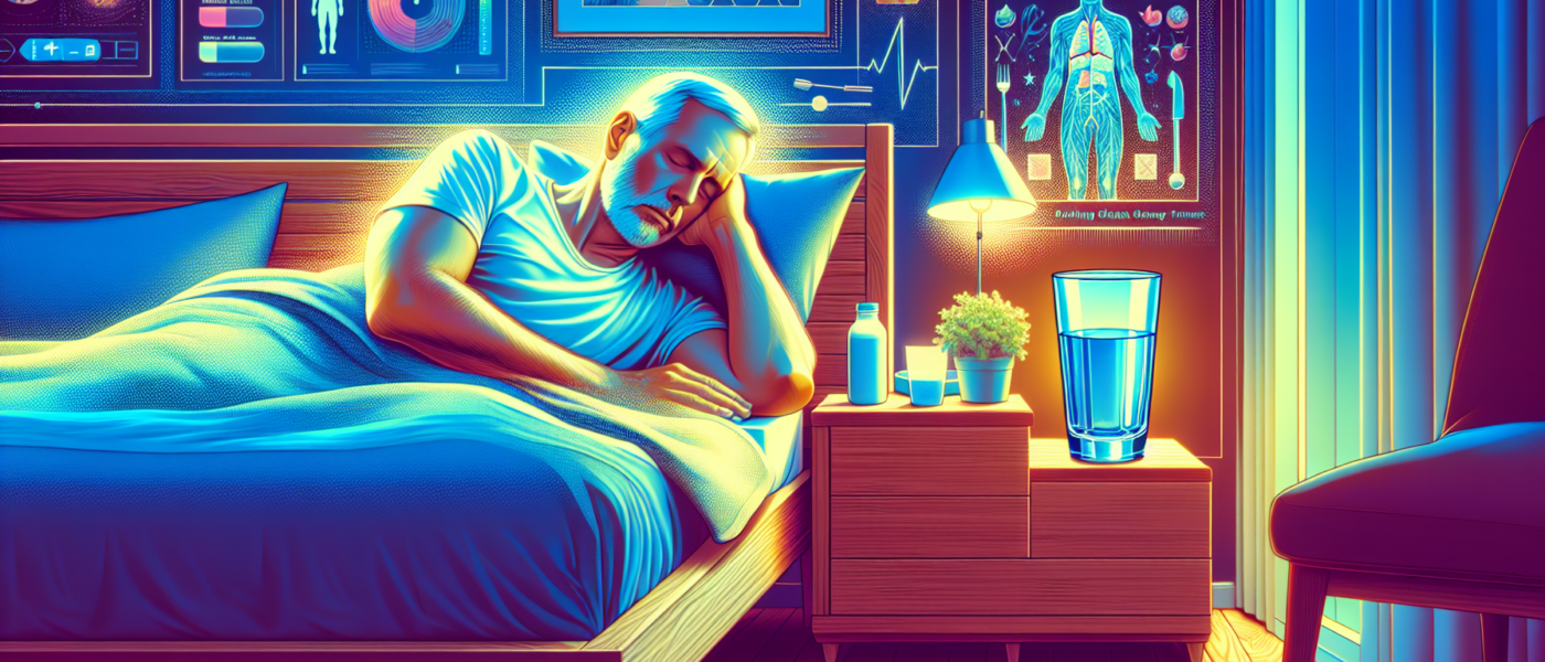 Create an image that illustrates the important role of hydration in sleep quality for men over 50. Show a middle-aged man peacefully sleeping in his bedroom, with a glass of water on his nightstand. T