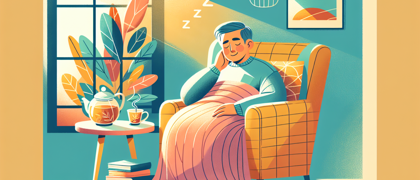 A serene scene of an older adult napping peacefully in a comfortable armchair by a sunlit window, with soft blankets and a cozy environment. The setting includes a small side table with a cup of herba