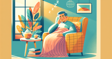 A serene scene of an older adult napping peacefully in a comfortable armchair by a sunlit window, with soft blankets and a cozy environment. The setting includes a small side table with a cup of herba
