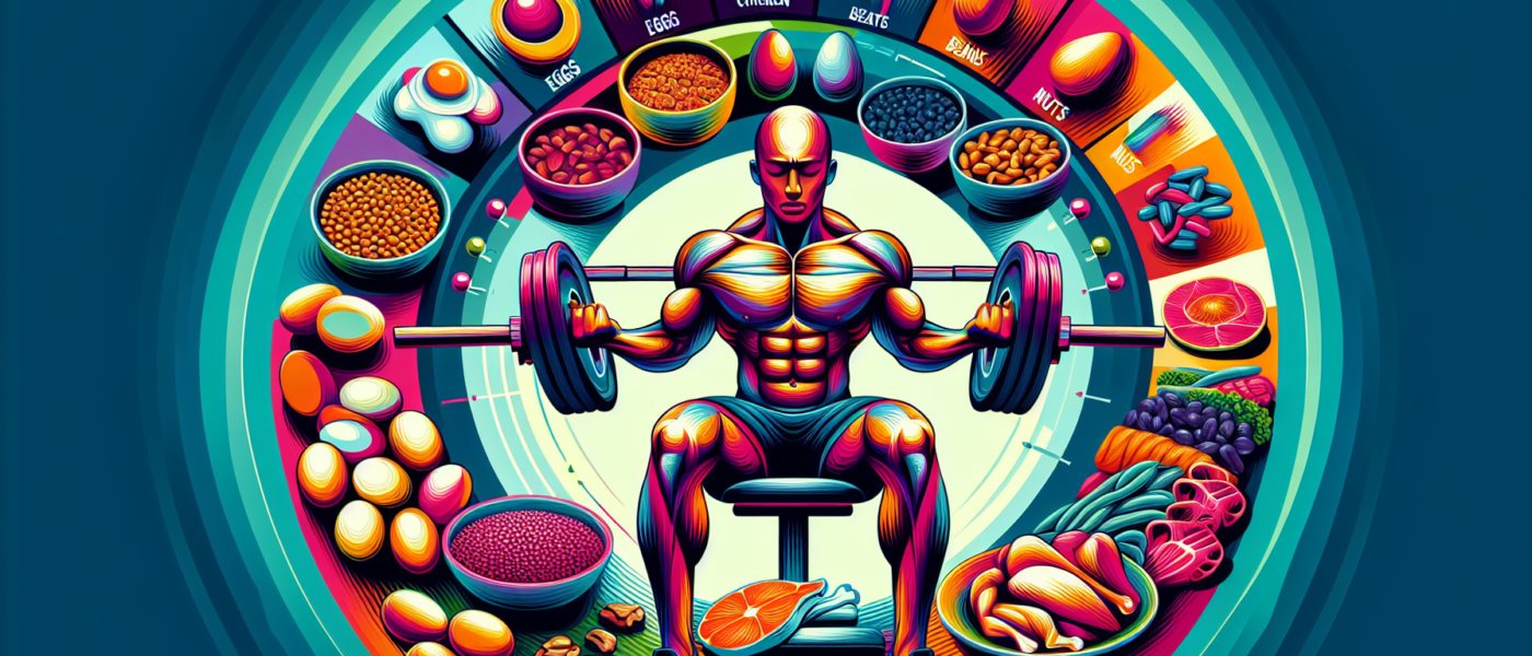 A detailed illustration showing a muscular human figure lifting weights while surrounded by various protein-rich foods such as eggs, chicken breasts, beans, and nuts. The background should depict a vi