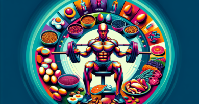 A detailed illustration showing a muscular human figure lifting weights while surrounded by various protein-rich foods such as eggs, chicken breasts, beans, and nuts. The background should depict a vi