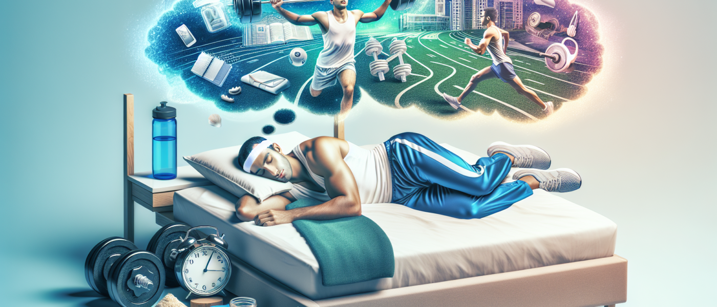 Create an image illustrating the relationship between sleep and fitness. Include an athletic individual sleeping peacefully on a luxurious bed, with dream bubbles above depicting activities like runni