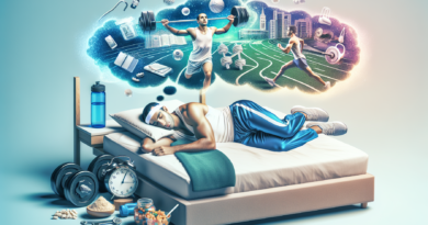 Create an image illustrating the relationship between sleep and fitness. Include an athletic individual sleeping peacefully on a luxurious bed, with dream bubbles above depicting activities like runni