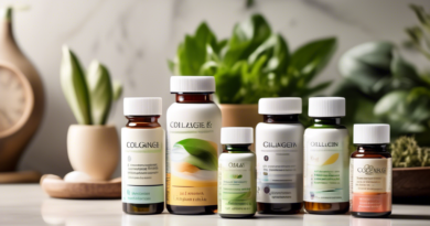 Create an image of a well-organized countertop laden with various health supplements specifically focused on anti-aging. Each bottle should have clear yet elegant labels with names like Collagen, Resv