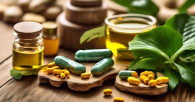 Create an image depicting an assortment of top supplements known for reducing inflammation, such as turmeric capsules, fish oil pills, ginger root extract, and green tea capsules. Arrange the items in