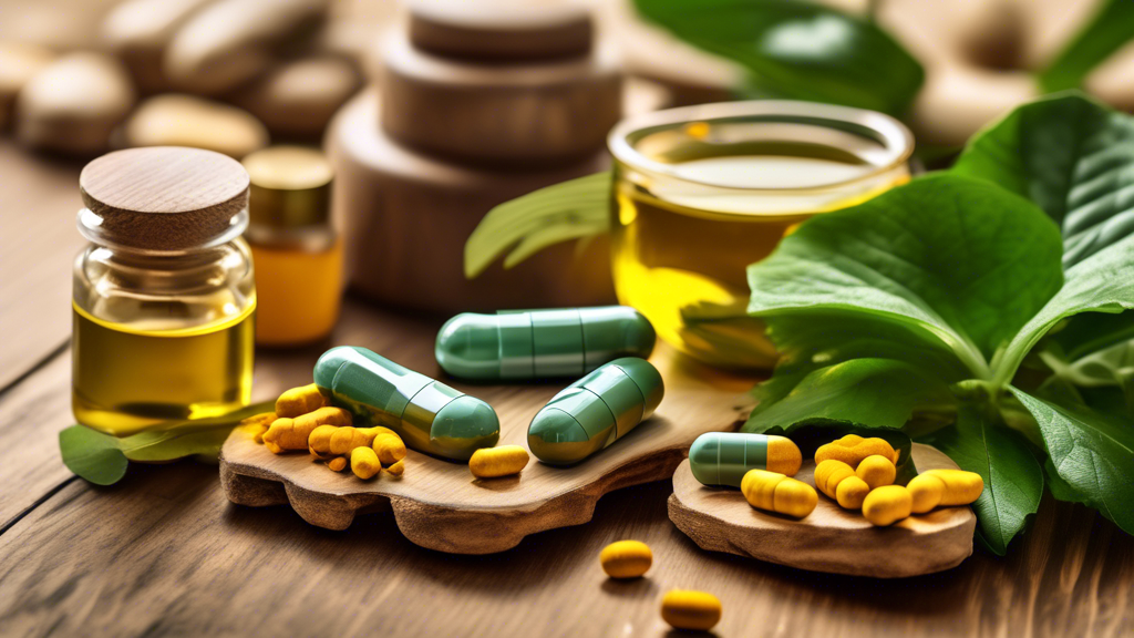 Create an image depicting an assortment of top supplements known for reducing inflammation, such as turmeric capsules, fish oil pills, ginger root extract, and green tea capsules. Arrange the items in