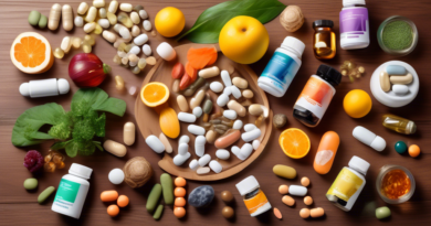Create an image showing a collection of natural supplements displayed on a wooden table, such as bottles of vitamins, herbs, and omega-3 capsules. Surround the supplements with elements symbolizing ne