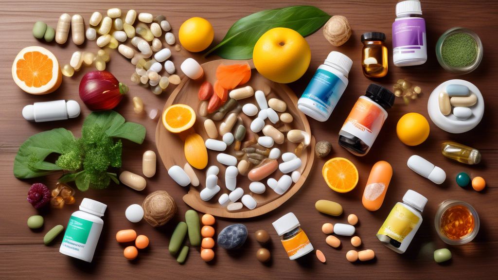 Create an image showing a collection of natural supplements displayed on a wooden table, such as bottles of vitamins, herbs, and omega-3 capsules. Surround the supplements with elements symbolizing ne