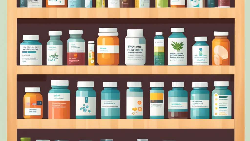 Create an illustration of a well-organized, neatly labeled shelf displaying various health supplements specifically designed for prostate health. The supplements should include elements like saw palme