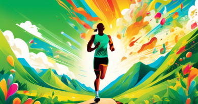 Create an image featuring a vibrant, energetic athlete running on a trail with a variety of supplement bottles, such as vitamins, protein powder, and energy drinks, arranged thoughtfully in the foregr