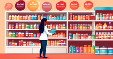 Create a detailed and vibrant digital illustration of a health food store with a shelf labeled 'Blood Pressure Supplements.' The shelf should display various colorful supplement bottles and boxes. Add