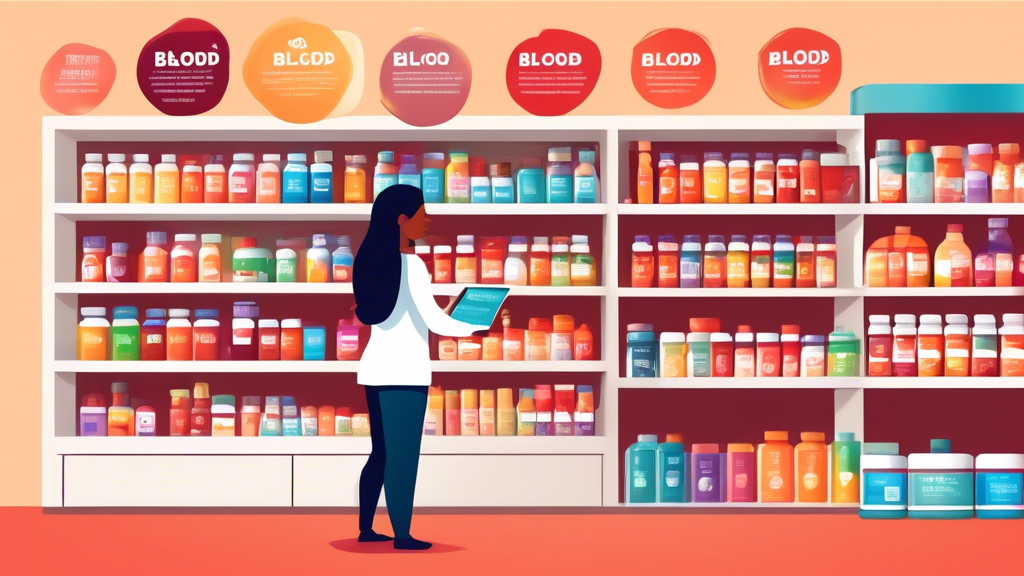 Create a detailed and vibrant digital illustration of a health food store with a shelf labeled 'Blood Pressure Supplements.' The shelf should display various colorful supplement bottles and boxes. Add