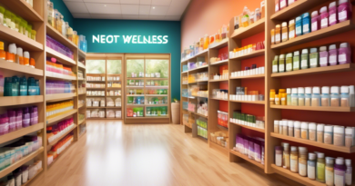 Create an image showcasing a vibrant health and wellness store with neatly arranged shelves displaying a variety of supplements specifically labeled for improving flexibility. Include elements like co