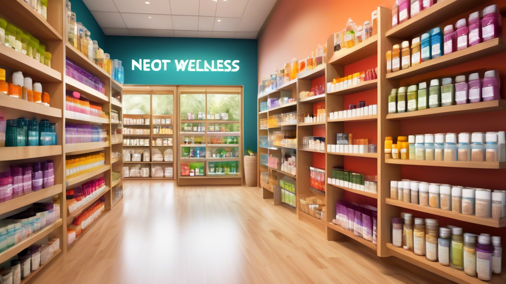 Create an image showcasing a vibrant health and wellness store with neatly arranged shelves displaying a variety of supplements specifically labeled for improving flexibility. Include elements like co