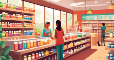A detailed illustration of a cozy, well-organized health food store interior featuring a section dedicated to kidney health supplements. The shelves are neatly stocked with various brightly colored bo
