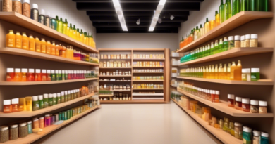 Create an image of a cozy, inviting health food store with neatly organized shelves displaying colorful bottles of mood-boosting supplements. Highlight well-known herbs like St. John's Wort, Ashwagand