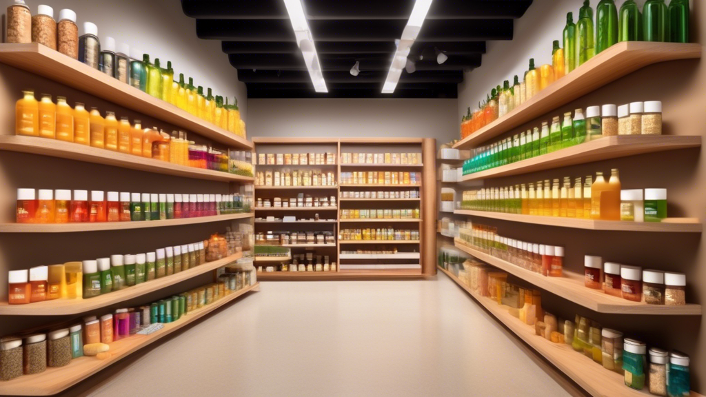 Create an image of a cozy, inviting health food store with neatly organized shelves displaying colorful bottles of mood-boosting supplements. Highlight well-known herbs like St. John's Wort, Ashwagand