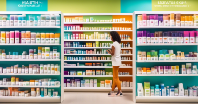 A vibrant health store aisle, filled with neatly organized shelves of diverse skin health supplements in colorful packaging. A mix of customers, including a diverse group of people, browsing and consu