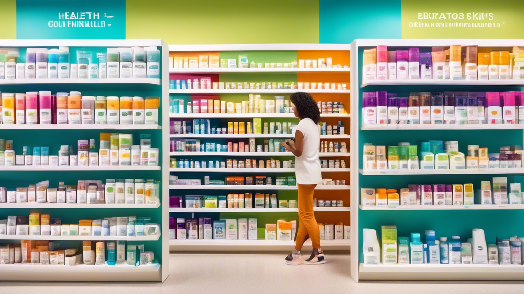 A vibrant health store aisle, filled with neatly organized shelves of diverse skin health supplements in colorful packaging. A mix of customers, including a diverse group of people, browsing and consu
