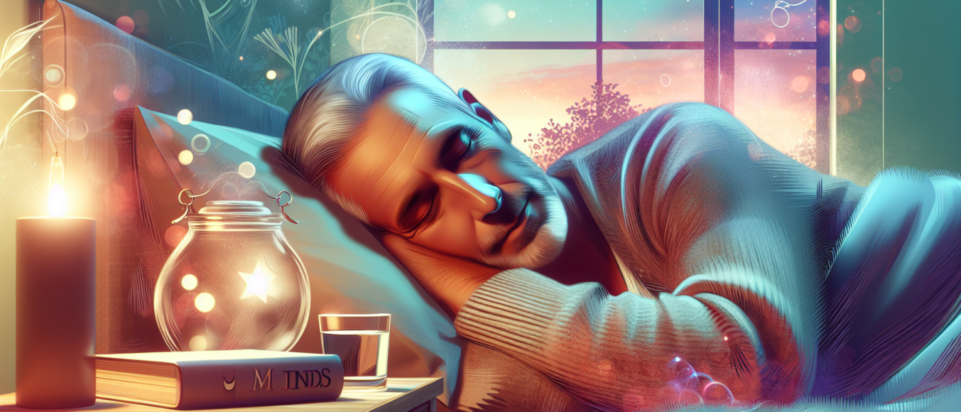 Create a visual representation focusing on an older man peacefully sleeping in a comfortable, warmly-lit bedroom. His face shows calm and serenity. Include gentle elements like a soft pillow, cozy bla