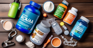 Create an image depicting various natural and scientifically-backed supplements for physical endurance laid out on a rustic wooden table. Include items like protein powder, BCAAs (Branched-Chain Amino