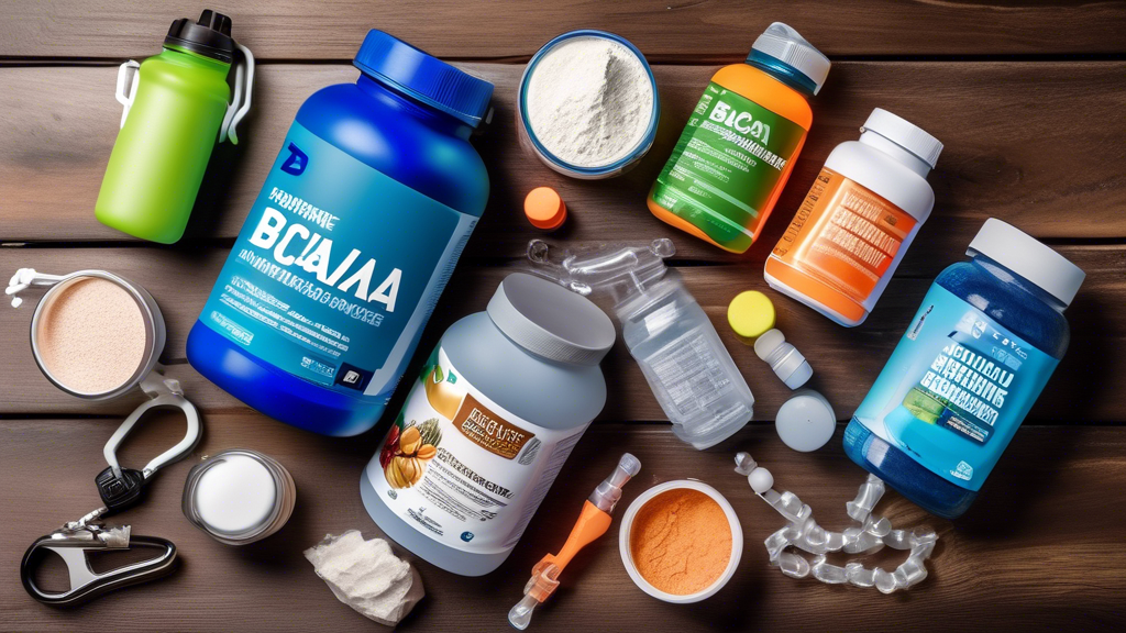 Create an image depicting various natural and scientifically-backed supplements for physical endurance laid out on a rustic wooden table. Include items like protein powder, BCAAs (Branched-Chain Amino