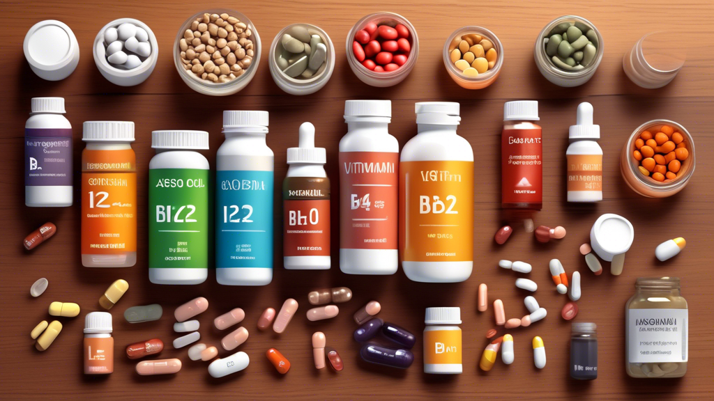 Create a detailed illustration of a variety of supplements that boost physical energy, arranged neatly on a wooden table. Include bottles and containers labeled with names like Vitamin B12, CoQ10, Iro