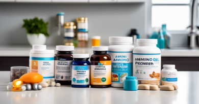 Create an image that showcases a variety of dietary supplements commonly used for physical recovery. Include items like protein powder, amino acids, omega-3 fish oil capsules, multivitamins, and elect