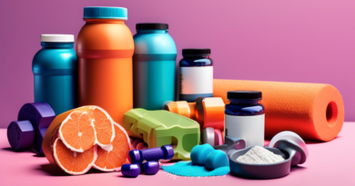 Create an image showcasing a variety of supplements that enhance workout performance. Include protein powder, creatine, BCAAs, pre-workout drinks, and omega-3 capsules in a bright, organized gym setti