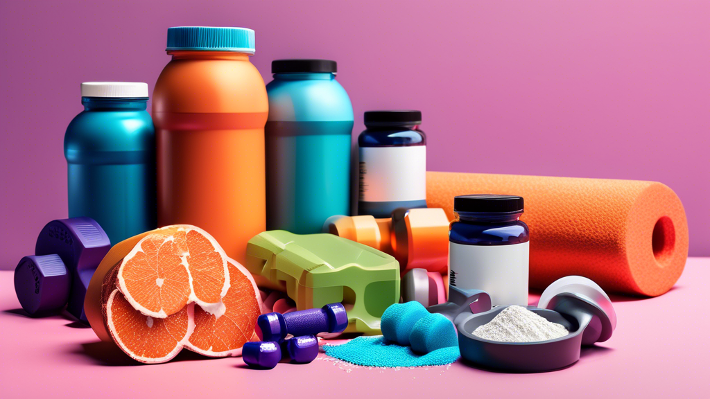 Create an image showcasing a variety of supplements that enhance workout performance. Include protein powder, creatine, BCAAs, pre-workout drinks, and omega-3 capsules in a bright, organized gym setti