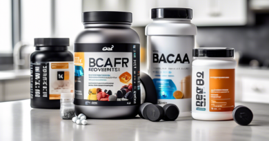 Create an image showcasing a variety of workout recovery supplements in a clean, organized arrangement. Include protein powders, BCAAs, omega-3 capsules, electrolytes, and multivitamins, all in modern