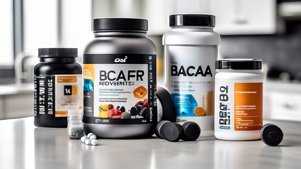 Create an image showcasing a variety of workout recovery supplements in a clean, organized arrangement. Include protein powders, BCAAs, omega-3 capsules, electrolytes, and multivitamins, all in modern