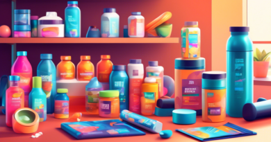 Create a vibrant and dynamic digital illustration of a fitness enthusiast's home gym, showcasing a variety of exercise recovery supplements neatly arranged on a shelf. Include elements like protein po