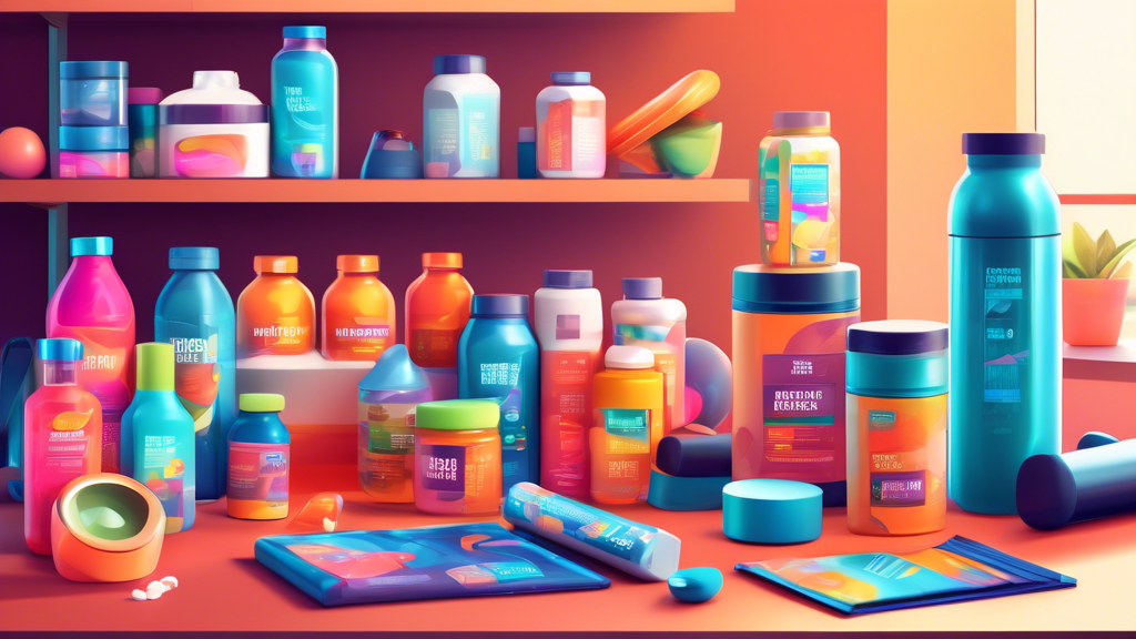 Create a vibrant and dynamic digital illustration of a fitness enthusiast's home gym, showcasing a variety of exercise recovery supplements neatly arranged on a shelf. Include elements like protein po