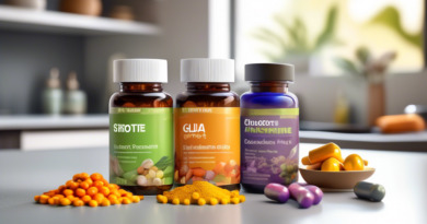 Create an image showing an assortment of natural supplement bottles and capsules on a kitchen counter, labeled with ingredients like turmeric, glucosamine, and chondroitin. In the background, illustra