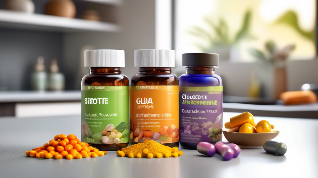 Create an image showing an assortment of natural supplement bottles and capsules on a kitchen counter, labeled with ingredients like turmeric, glucosamine, and chondroitin. In the background, illustra